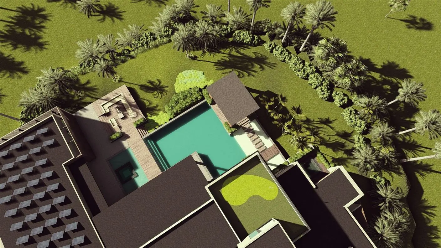 Aerial rendering of a residential pool and outdoor living plan