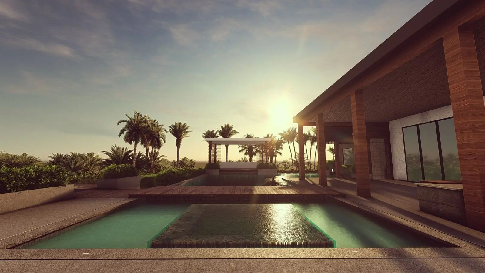 Pool and outdoor living space at sunset beside a timber-clad home