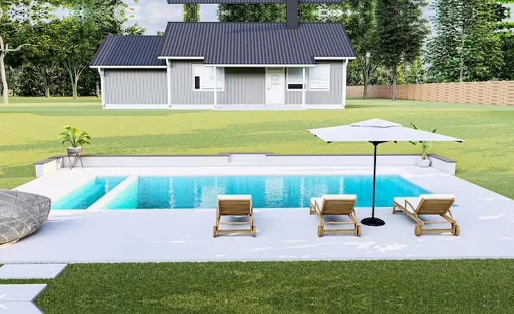Residential pool with umbrella and loungers on a green lawn by Heavenly Outdoor in Missouri City, TX