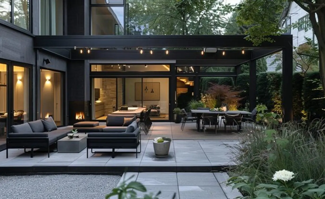 Covered outdoor living lounge at dusk built by Heavenly Outdoor in Missouri City, TX
