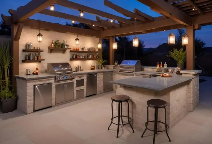 Pergola-covered outdoor kitchen with pendant lights and a grill at dusk