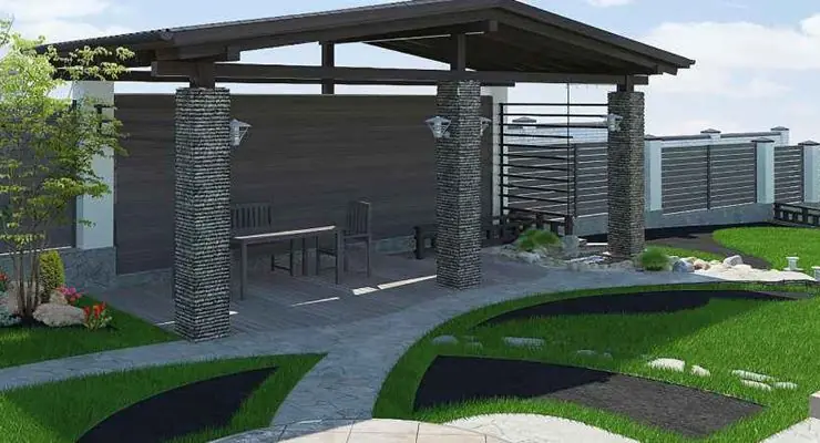 Covered stone-column pavilion connected to the garden by curved stone pathways