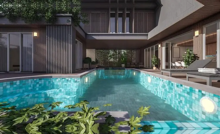 Courtyard pool with mosaic tile at a modern home by Heavenly Outdoor in River Oaks, TX