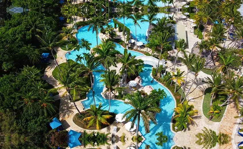 Outdoor water park with slides, lazy river and activity pools